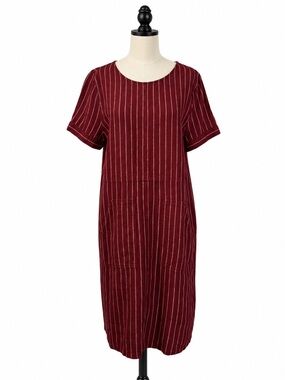 Susina Linen Blend Striped Midi Shift Dress Burgundy Size M Pockets